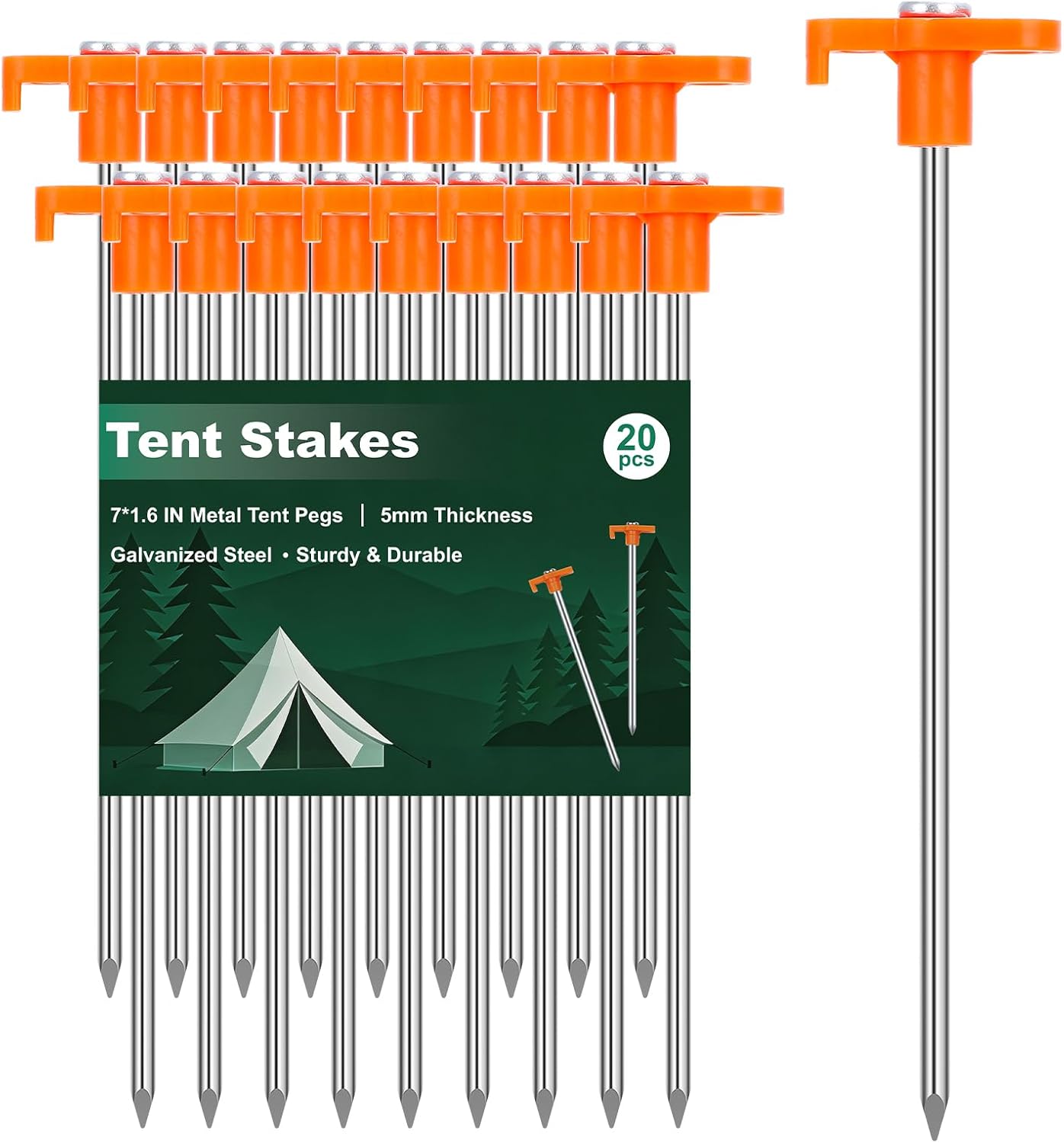 Heavy Duty Tent Stakes 7 Inch, 10 Pack Galvanized Steel Camping Pegs, Ground Anchors for Tents, Canopy and Tarp, Rust Resistant Metal Stakes with High Visibility Orange Heads for Outdoor
