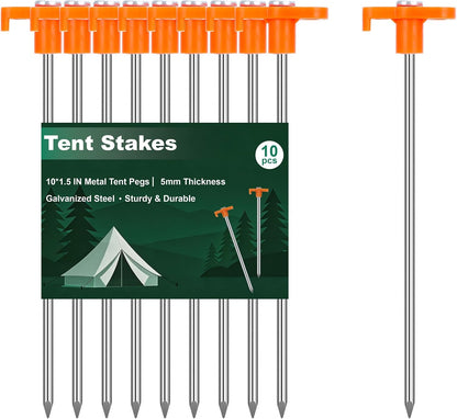 Heavy Duty Tent Stakes 7 Inch, 10 Pack Galvanized Steel Camping Pegs, Ground Anchors for Tents, Canopy and Tarp, Rust Resistant Metal Stakes with High Visibility Orange Heads for Outdoor