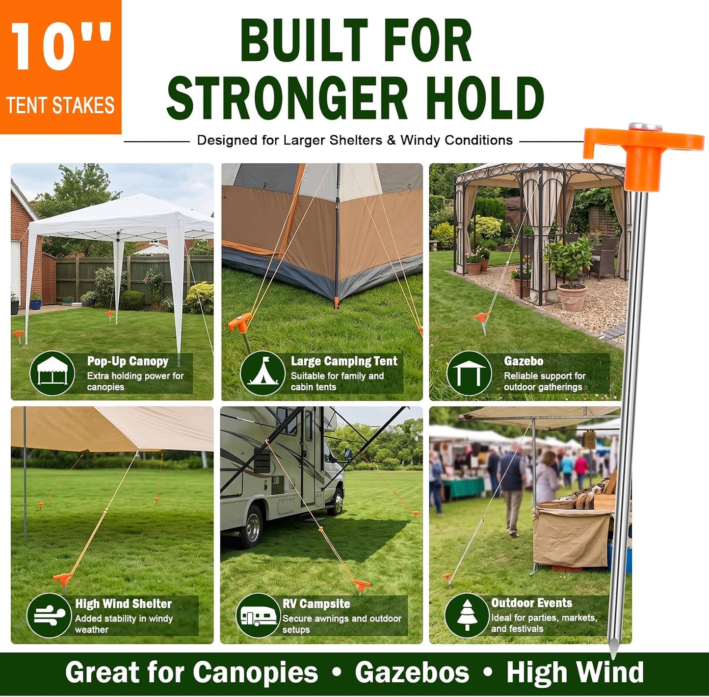 Heavy Duty Tent Stakes 7 Inch, 10 Pack Galvanized Steel Camping Pegs, Ground Anchors for Tents, Canopy and Tarp, Rust Resistant Metal Stakes with High Visibility Orange Heads for Outdoor