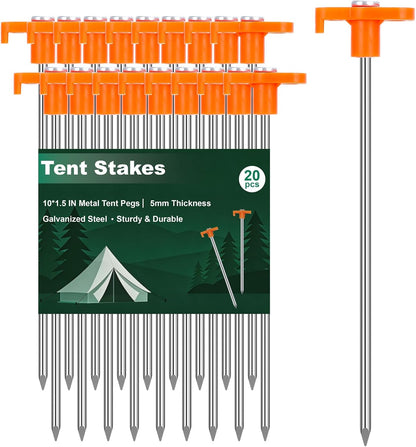 Heavy Duty Tent Stakes 7 Inch, 10 Pack Galvanized Steel Camping Pegs, Ground Anchors for Tents, Canopy and Tarp, Rust Resistant Metal Stakes with High Visibility Orange Heads for Outdoor