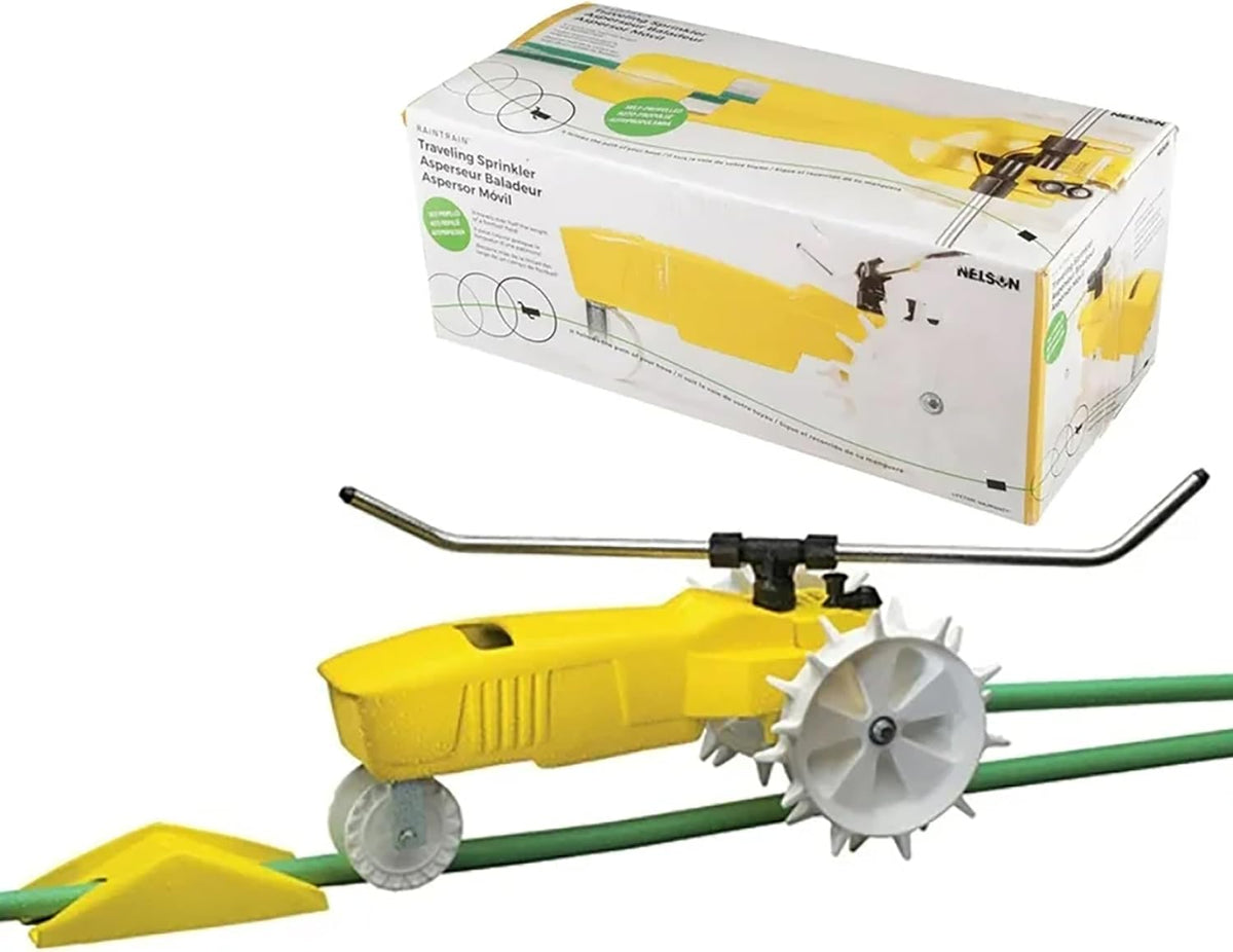 Rain Train 13,500 Square Feet Cast Iron Outdoor Lawn Traveling Water Sprinkler for Yard, and Garden, with Auto Shut Off, Yellow