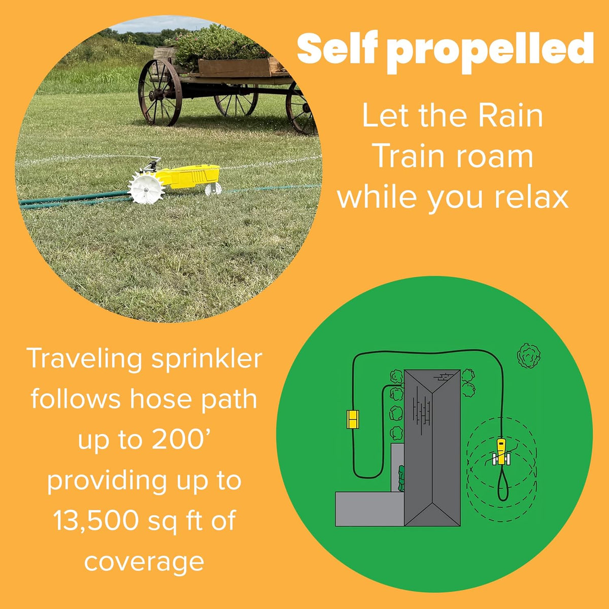 Rain Train 13,500 Square Feet Cast Iron Outdoor Lawn Traveling Water Sprinkler for Yard, and Garden, with Auto Shut Off, Yellow