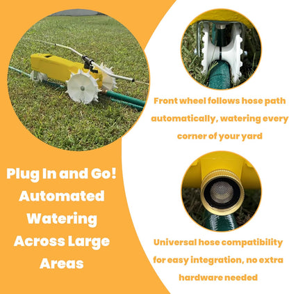 Rain Train 13,500 Square Feet Cast Iron Outdoor Lawn Traveling Water Sprinkler for Yard, and Garden, with Auto Shut Off, Yellow