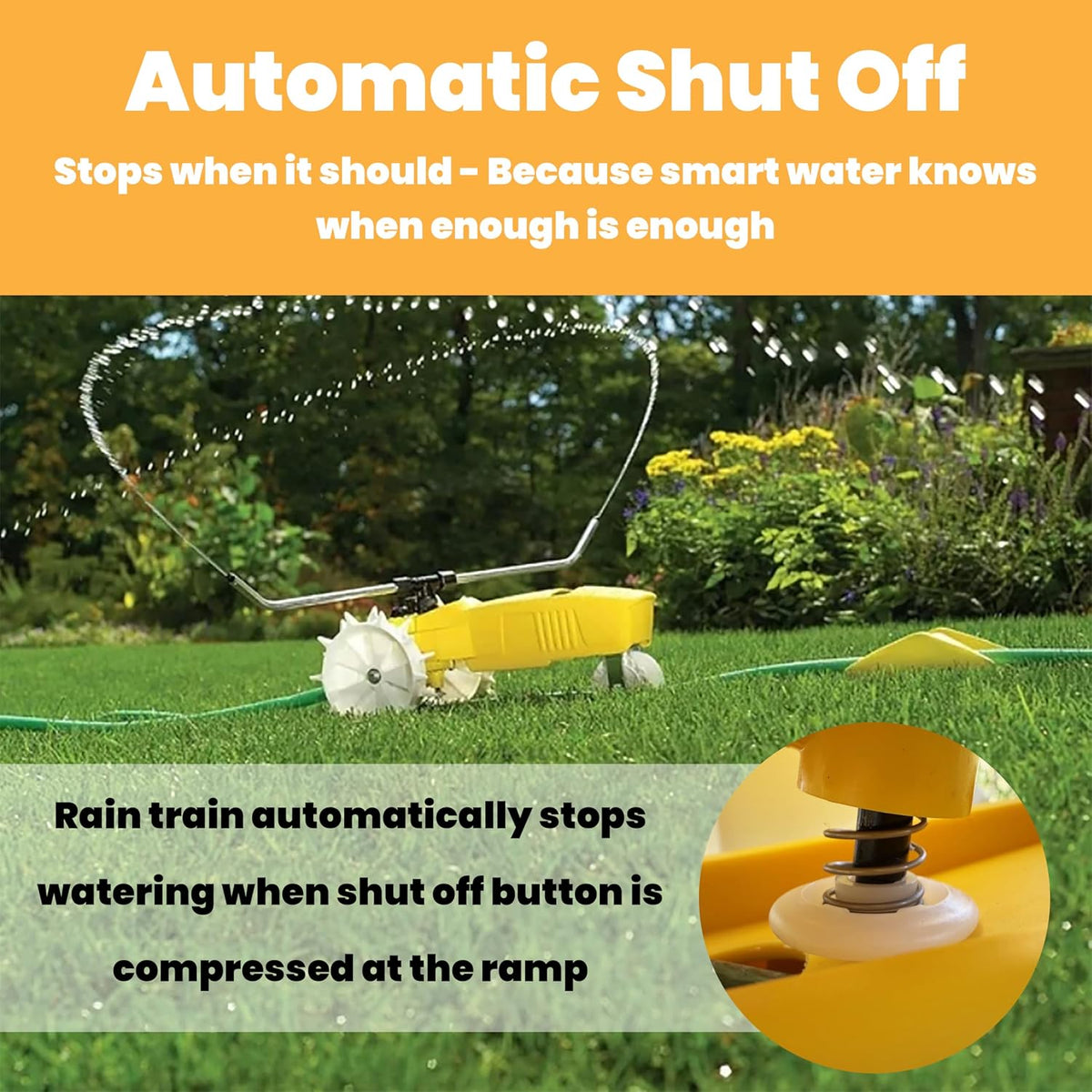 Rain Train 13,500 Square Feet Cast Iron Outdoor Lawn Traveling Water Sprinkler for Yard, and Garden, with Auto Shut Off, Yellow