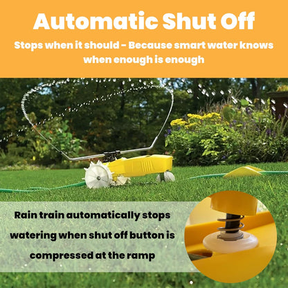 Rain Train 13,500 Square Feet Cast Iron Outdoor Lawn Traveling Water Sprinkler for Yard, and Garden, with Auto Shut Off, Yellow
