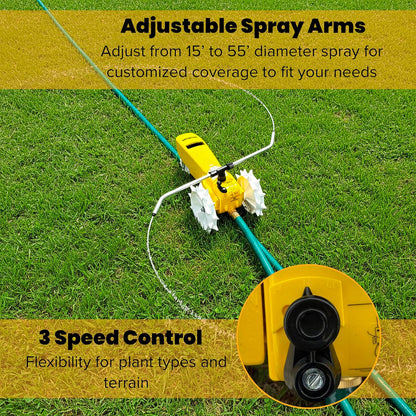 Rain Train 13,500 Square Feet Cast Iron Outdoor Lawn Traveling Water Sprinkler for Yard, and Garden, with Auto Shut Off, Yellow