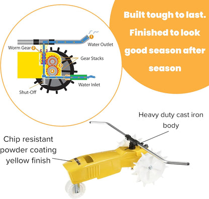 Rain Train 13,500 Square Feet Cast Iron Outdoor Lawn Traveling Water Sprinkler for Yard, and Garden, with Auto Shut Off, Yellow