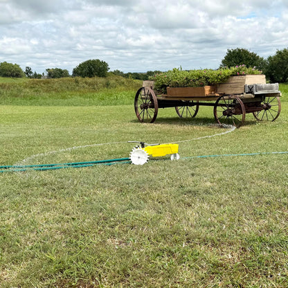 Rain Train 13,500 Square Feet Cast Iron Outdoor Lawn Traveling Water Sprinkler for Yard, and Garden, with Auto Shut Off, Yellow