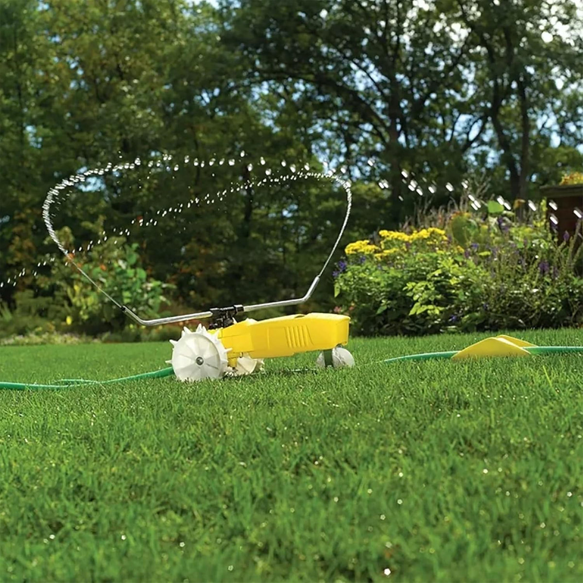 Rain Train 13,500 Square Feet Cast Iron Outdoor Lawn Traveling Water Sprinkler for Yard, and Garden, with Auto Shut Off, Yellow