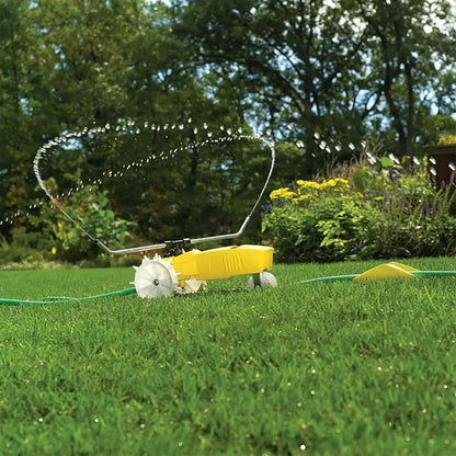 Rain Train 13,500 Square Feet Cast Iron Outdoor Lawn Traveling Water Sprinkler for Yard, and Garden, with Auto Shut Off, Yellow