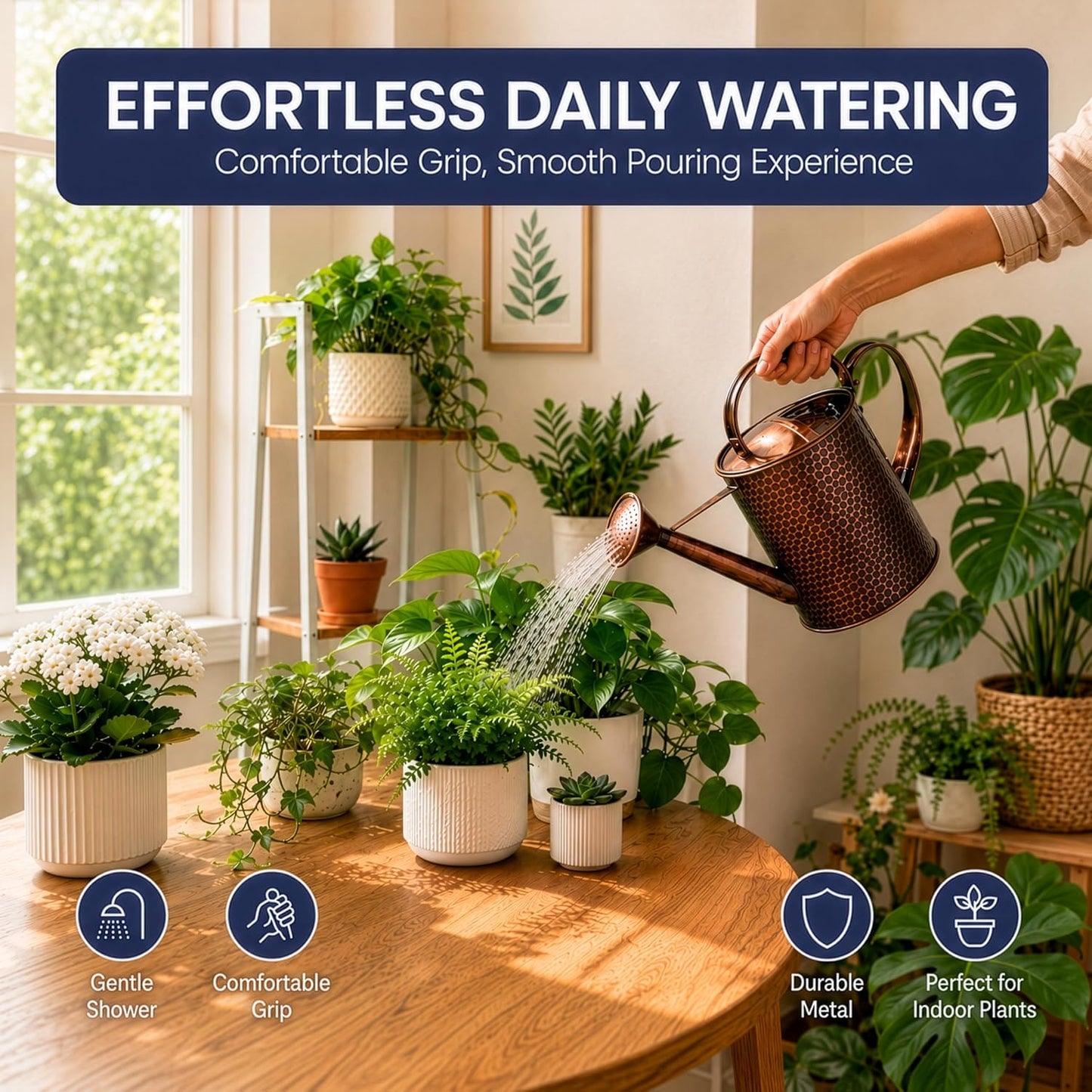 1 Gallon Metal Watering Can with Removable Long Spout & Sprinkler Head for Indoor & Outdoor Use Ideal for Garden Flowers Potted Plants Houseplants Modern Decorative Home Accessories, Bronze