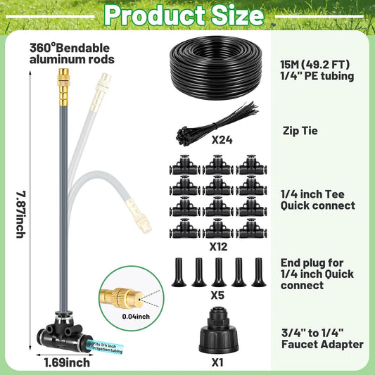 49.2Ft 1/4" Drip Irrigation System 360° Watering Misting System