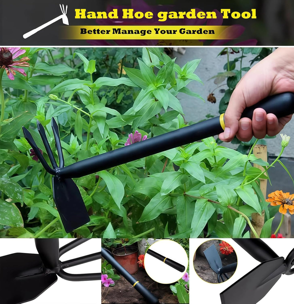 Hoe and Cultivator, Hoe Garden Tool, Hand Hoe Cultivator Garden Tool, Thickened Manganese Steel, Garden Hoe for Weeding, Planting, Loosening Soil, Digging，No Assembly Required