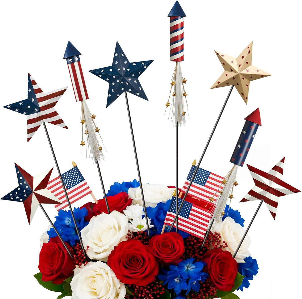 8 Pcs Metal 4th of July American Garden Stakes Patriotic Metal Garden Signs 12 Inch Barn Star Independence Day Yard Signs Outdoor Decor for Home Lawn Porch Holiday Front Backyard