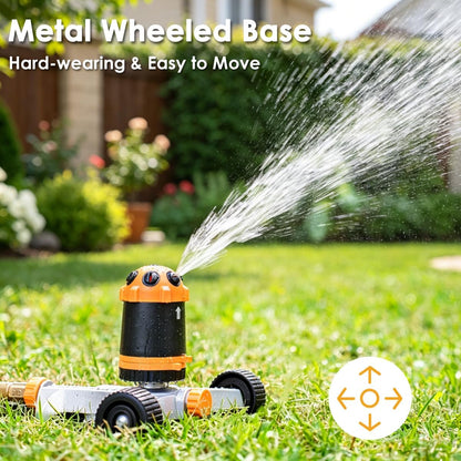 Gear Drive Lawn Sprinkler with Metal Wheel Base, Heavy Duty 6-Pattern Water Sprinkler System, Adjustable Irrigation Sprinkler for Large Area Watering, Garden Plant, Yard and Flower Bed