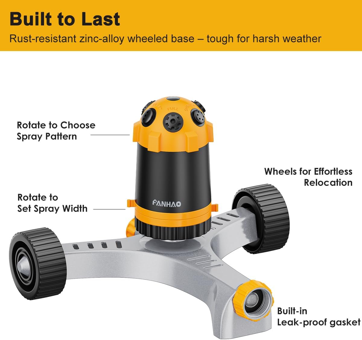 Gear Drive Lawn Sprinkler with Metal Wheel Base, Heavy Duty 6-Pattern Water Sprinkler System, Adjustable Irrigation Sprinkler for Large Area Watering, Garden Plant, Yard and Flower Bed