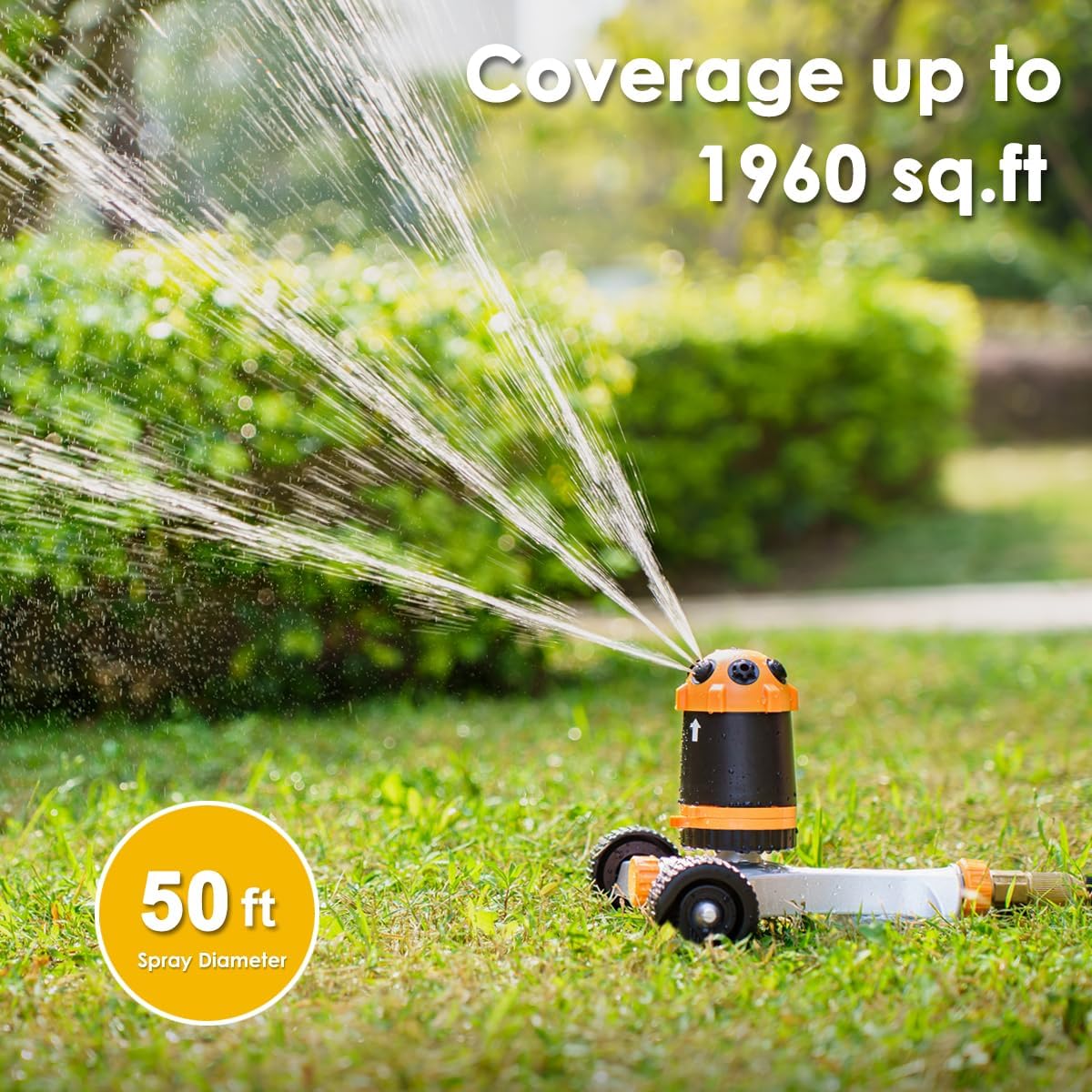 Gear Drive Lawn Sprinkler with Metal Wheel Base, Heavy Duty 6-Pattern Water Sprinkler System, Adjustable Irrigation Sprinkler for Large Area Watering, Garden Plant, Yard and Flower Bed