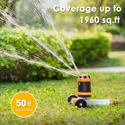 Gear Drive Lawn Sprinkler with Metal Wheel Base, Heavy Duty 6-Pattern Water Sprinkler System, Adjustable Irrigation Sprinkler for Large Area Watering, Garden Plant, Yard and Flower Bed