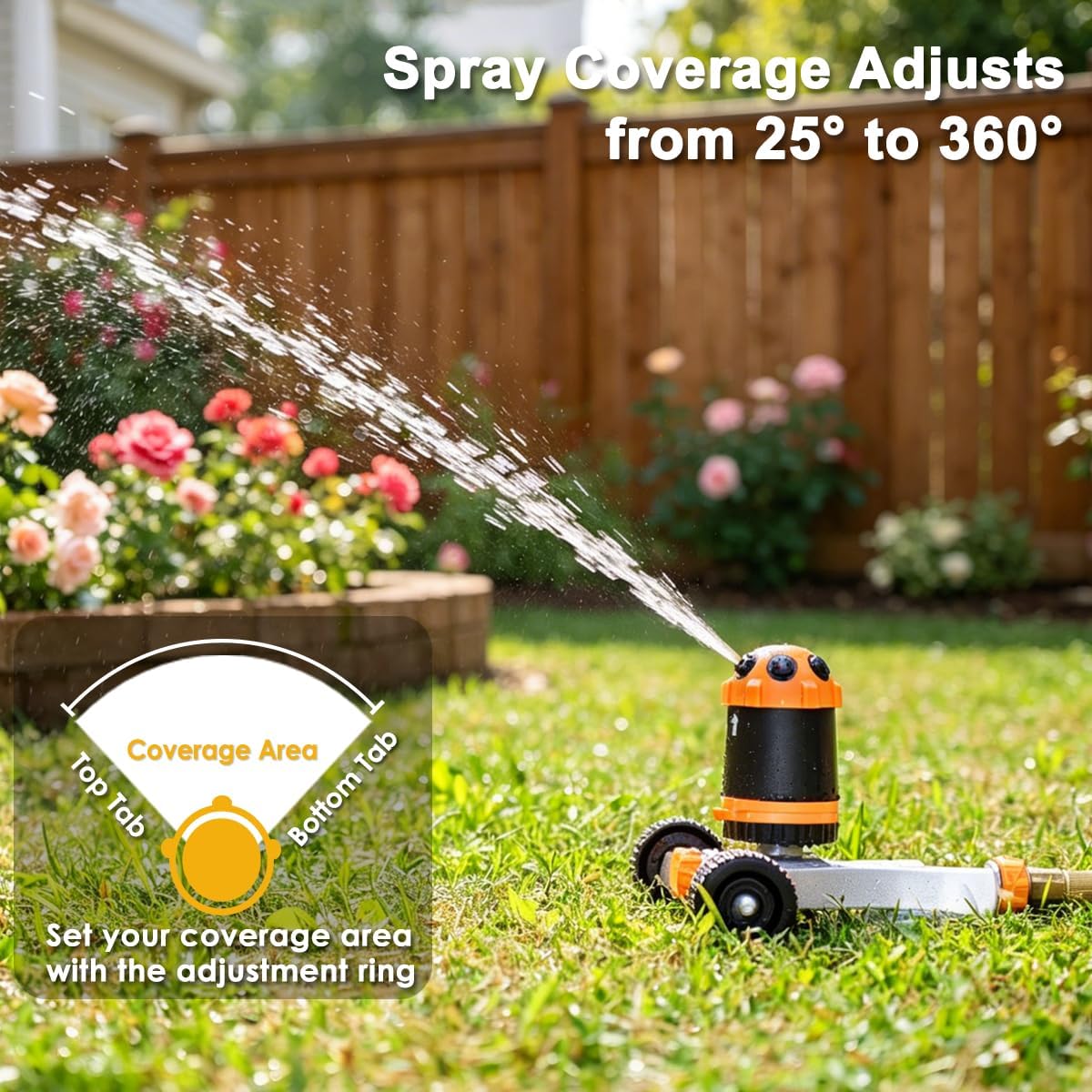 Gear Drive Lawn Sprinkler with Metal Wheel Base, Heavy Duty 6-Pattern Water Sprinkler System, Adjustable Irrigation Sprinkler for Large Area Watering, Garden Plant, Yard and Flower Bed