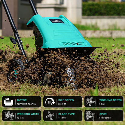 IncwBo 12'' 10.5AMP Corded Electric Garden Roto Tiller Cultivator Powerful