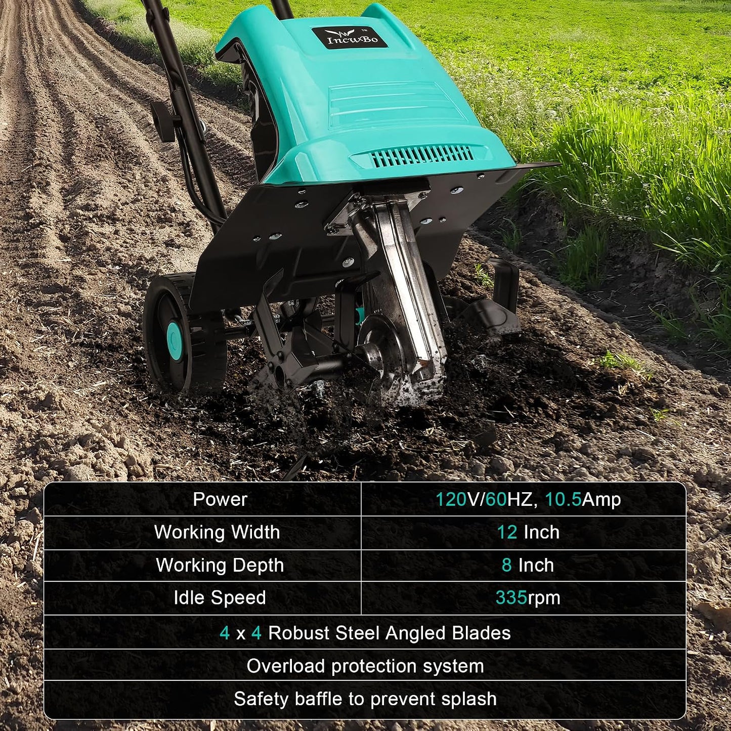IncwBo 12'' 10.5AMP Corded Electric Garden Roto Tiller Cultivator Powerful