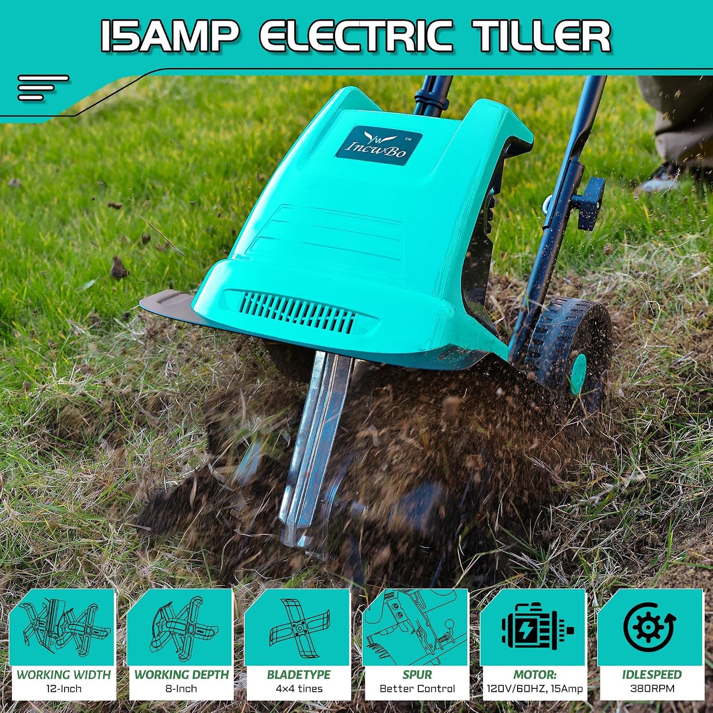 IncwBo 12'' 10.5AMP Corded Electric Garden Roto Tiller Cultivator Powerful