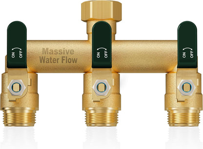 3 Way Hose Splitter, Heavy Duty Full Flow Garden Water Hose Bib Spigot Splitter, Brass Rust and Freeze Resistant Outdoor Faucet Splitter, T Adapter Connector with 3/4 - Inch GHT Thread （Green）