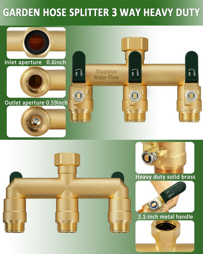 3 Way Hose Splitter, Heavy Duty Full Flow Garden Water Hose Bib Spigot Splitter, Brass Rust and Freeze Resistant Outdoor Faucet Splitter, T Adapter Connector with 3/4 - Inch GHT Thread （Green）