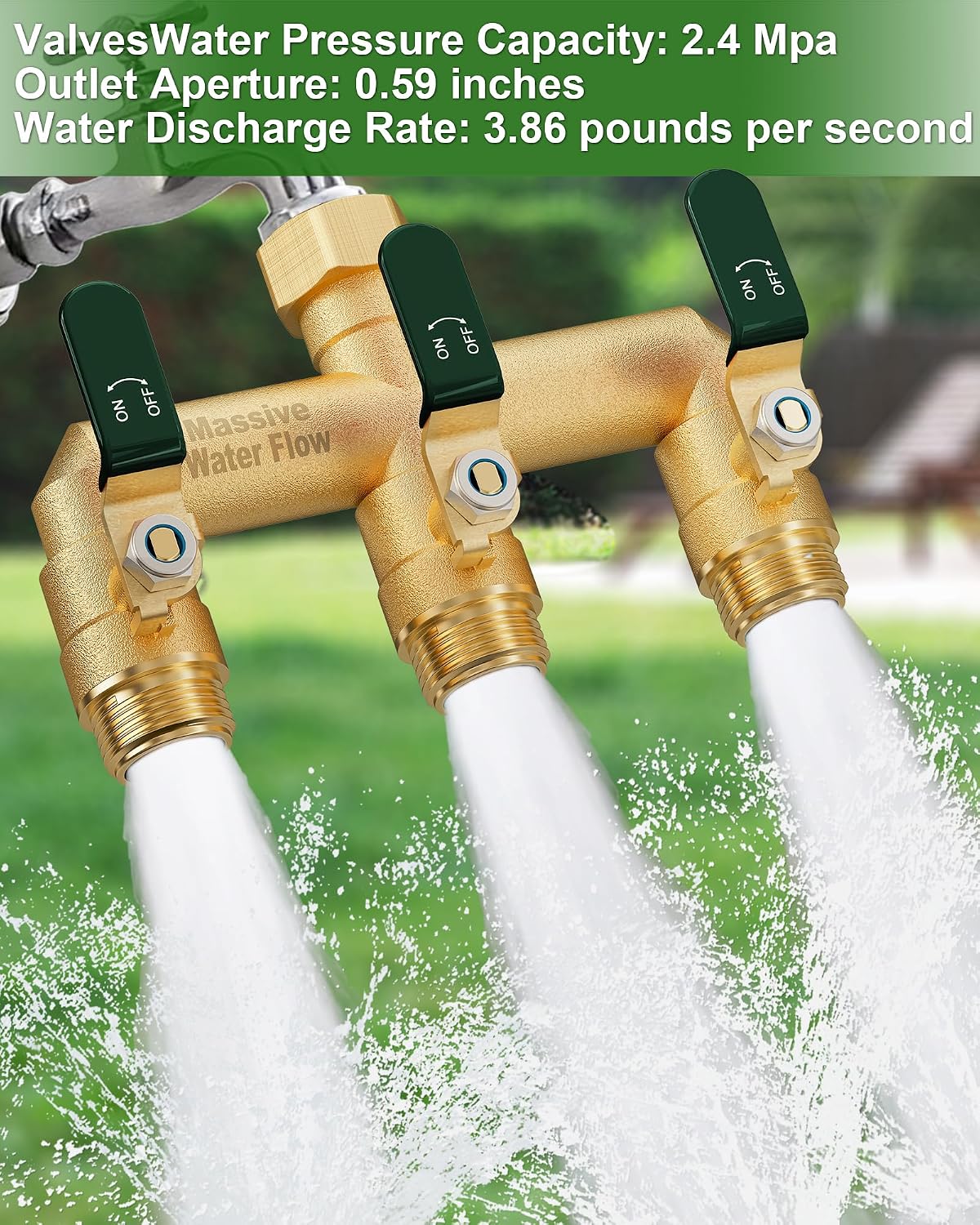 3 Way Hose Splitter, Heavy Duty Full Flow Garden Water Hose Bib Spigot Splitter, Brass Rust and Freeze Resistant Outdoor Faucet Splitter, T Adapter Connector with 3/4 - Inch GHT Thread （Green）