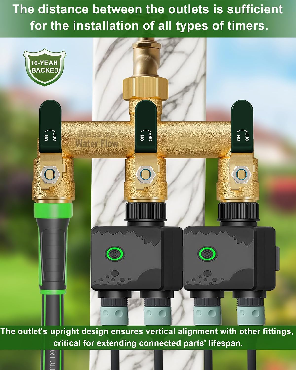 3 Way Hose Splitter, Heavy Duty Full Flow Garden Water Hose Bib Spigot Splitter, Brass Rust and Freeze Resistant Outdoor Faucet Splitter, T Adapter Connector with 3/4 - Inch GHT Thread （Green）
