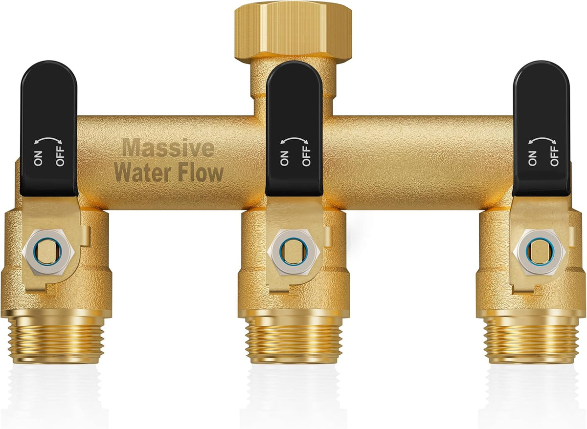3 Way Hose Splitter, Heavy Duty Full Flow Garden Water Hose Bib Spigot Splitter, Brass Rust and Freeze Resistant Outdoor Faucet Splitter, T Adapter Connector with 3/4 - Inch GHT Thread （Green）