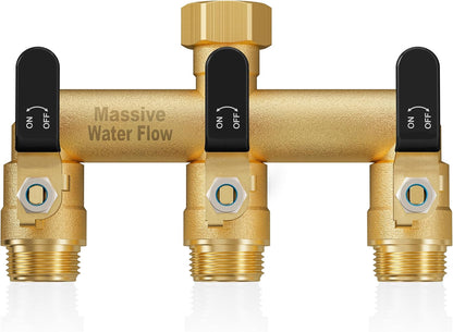 3 Way Hose Splitter, Heavy Duty Full Flow Garden Water Hose Bib Spigot Splitter, Brass Rust and Freeze Resistant Outdoor Faucet Splitter, T Adapter Connector with 3/4 - Inch GHT Thread （Green）