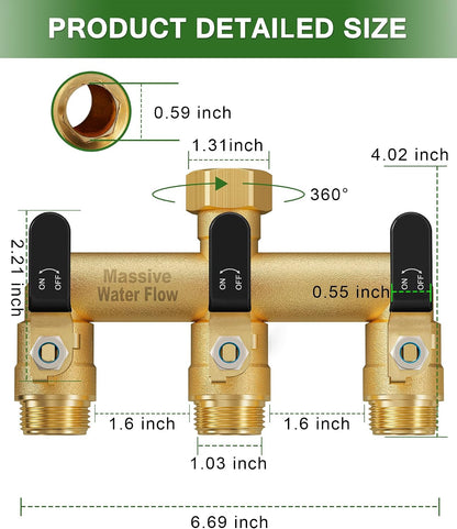 3 Way Hose Splitter, Heavy Duty Full Flow Garden Water Hose Bib Spigot Splitter, Brass Rust and Freeze Resistant Outdoor Faucet Splitter, T Adapter Connector with 3/4 - Inch GHT Thread （Green）