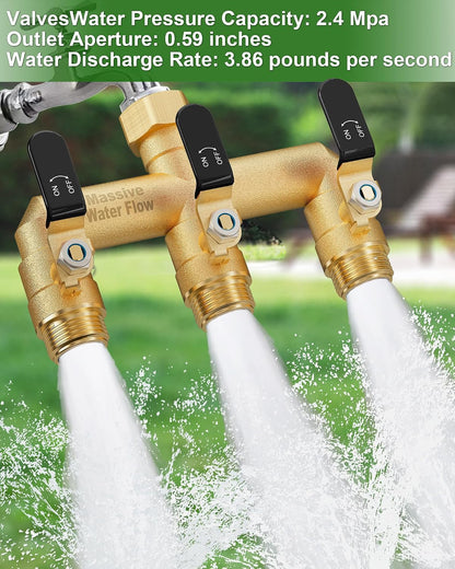 3 Way Hose Splitter, Heavy Duty Full Flow Garden Water Hose Bib Spigot Splitter, Brass Rust and Freeze Resistant Outdoor Faucet Splitter, T Adapter Connector with 3/4 - Inch GHT Thread （Green）