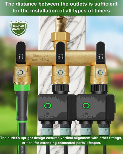3 Way Hose Splitter, Heavy Duty Full Flow Garden Water Hose Bib Spigot Splitter, Brass Rust and Freeze Resistant Outdoor Faucet Splitter, T Adapter Connector with 3/4 - Inch GHT Thread （Green）