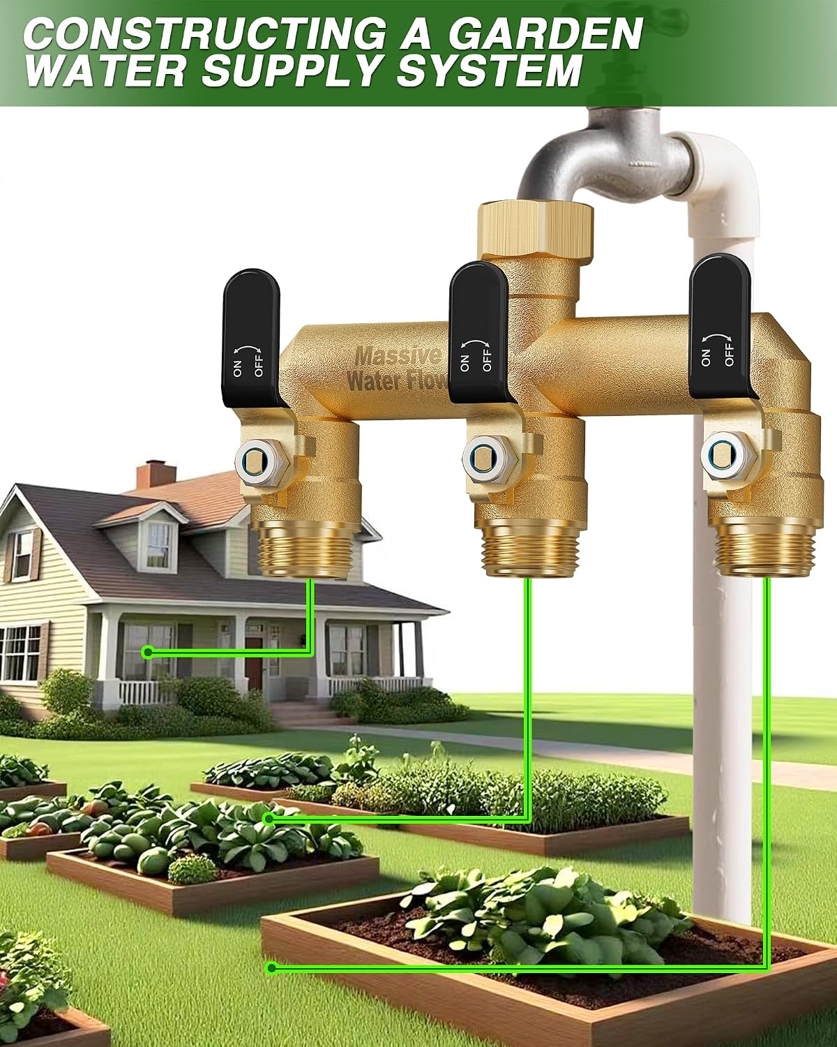 3 Way Hose Splitter, Heavy Duty Full Flow Garden Water Hose Bib Spigot Splitter, Brass Rust and Freeze Resistant Outdoor Faucet Splitter, T Adapter Connector with 3/4 - Inch GHT Thread （Green）