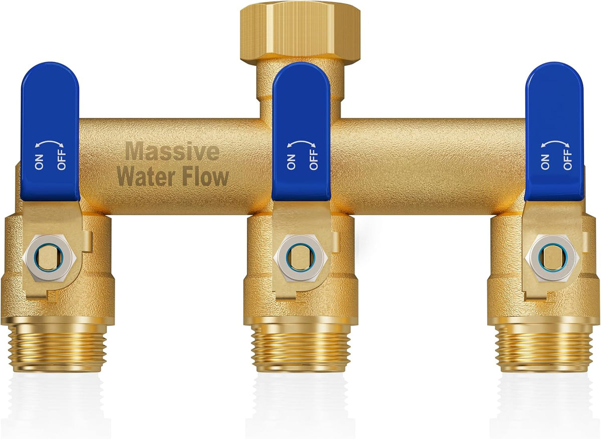 3 Way Hose Splitter, Heavy Duty Full Flow Garden Water Hose Bib Spigot Splitter, Brass Rust and Freeze Resistant Outdoor Faucet Splitter, T Adapter Connector with 3/4 - Inch GHT Thread （Green）