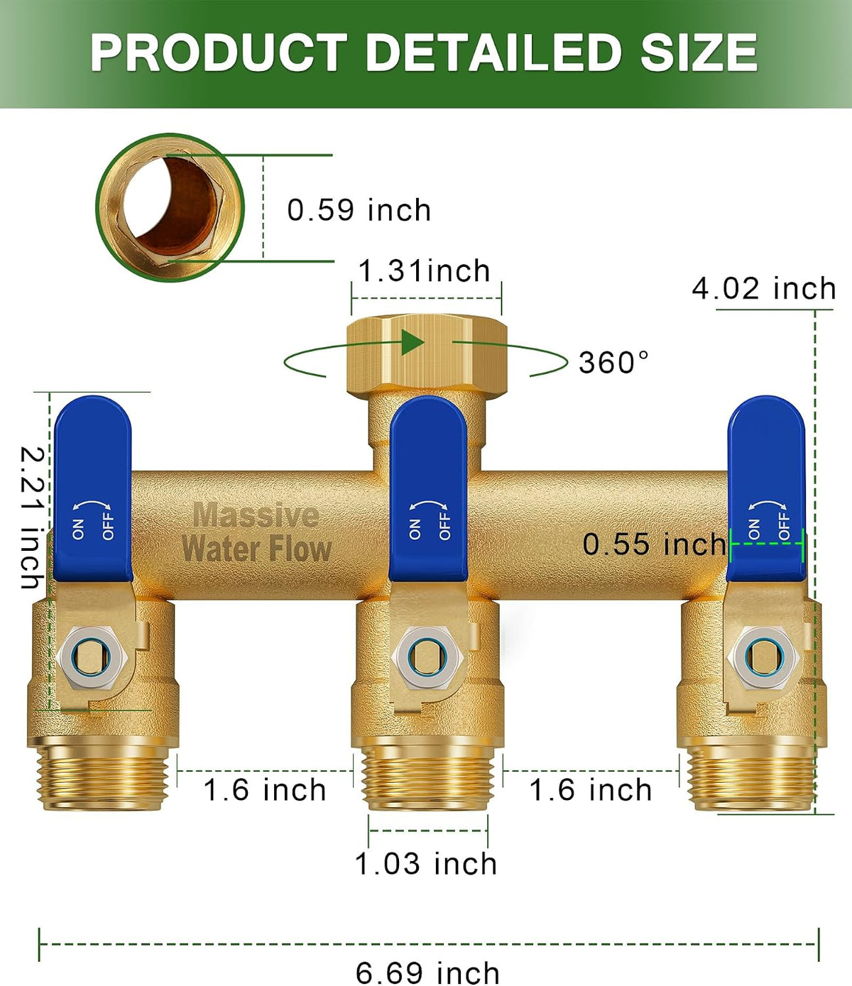 3 Way Hose Splitter, Heavy Duty Full Flow Garden Water Hose Bib Spigot Splitter, Brass Rust and Freeze Resistant Outdoor Faucet Splitter, T Adapter Connector with 3/4 - Inch GHT Thread （Green）