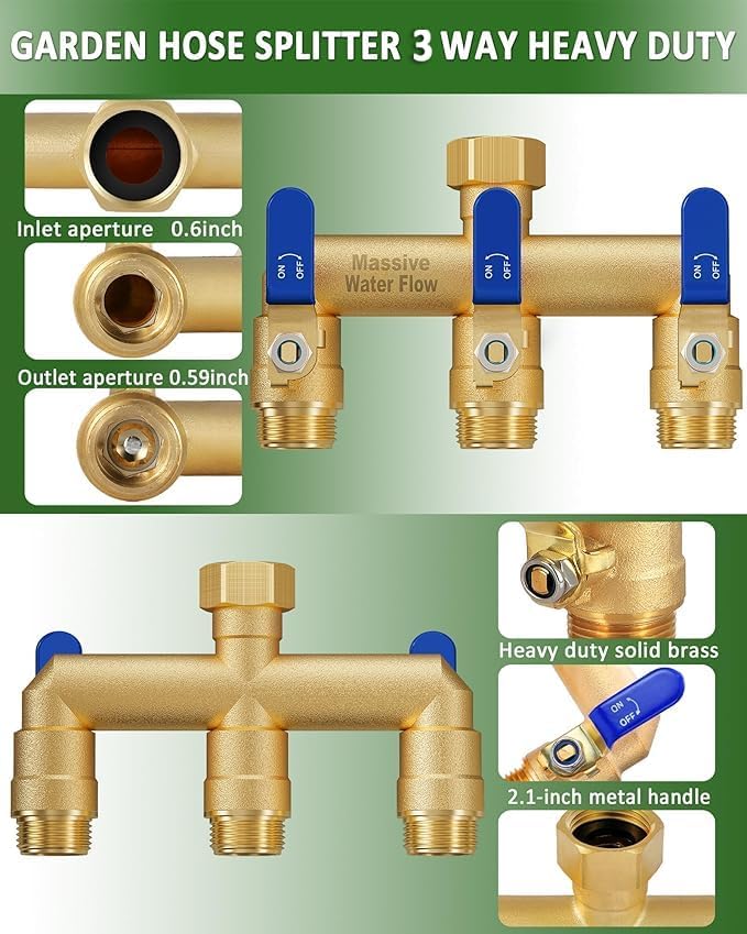 3 Way Hose Splitter, Heavy Duty Full Flow Garden Water Hose Bib Spigot Splitter, Brass Rust and Freeze Resistant Outdoor Faucet Splitter, T Adapter Connector with 3/4 - Inch GHT Thread （Green）