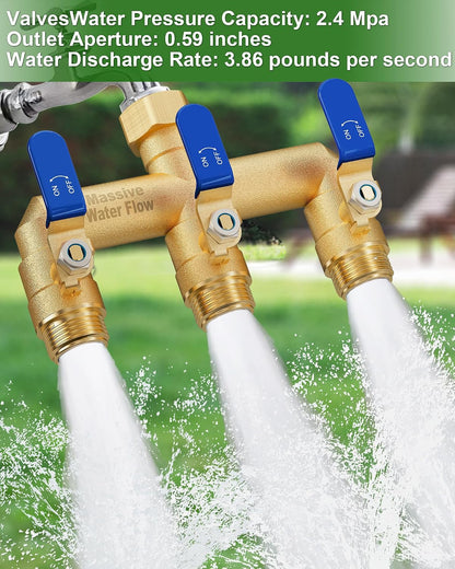 3 Way Hose Splitter, Heavy Duty Full Flow Garden Water Hose Bib Spigot Splitter, Brass Rust and Freeze Resistant Outdoor Faucet Splitter, T Adapter Connector with 3/4 - Inch GHT Thread （Green）