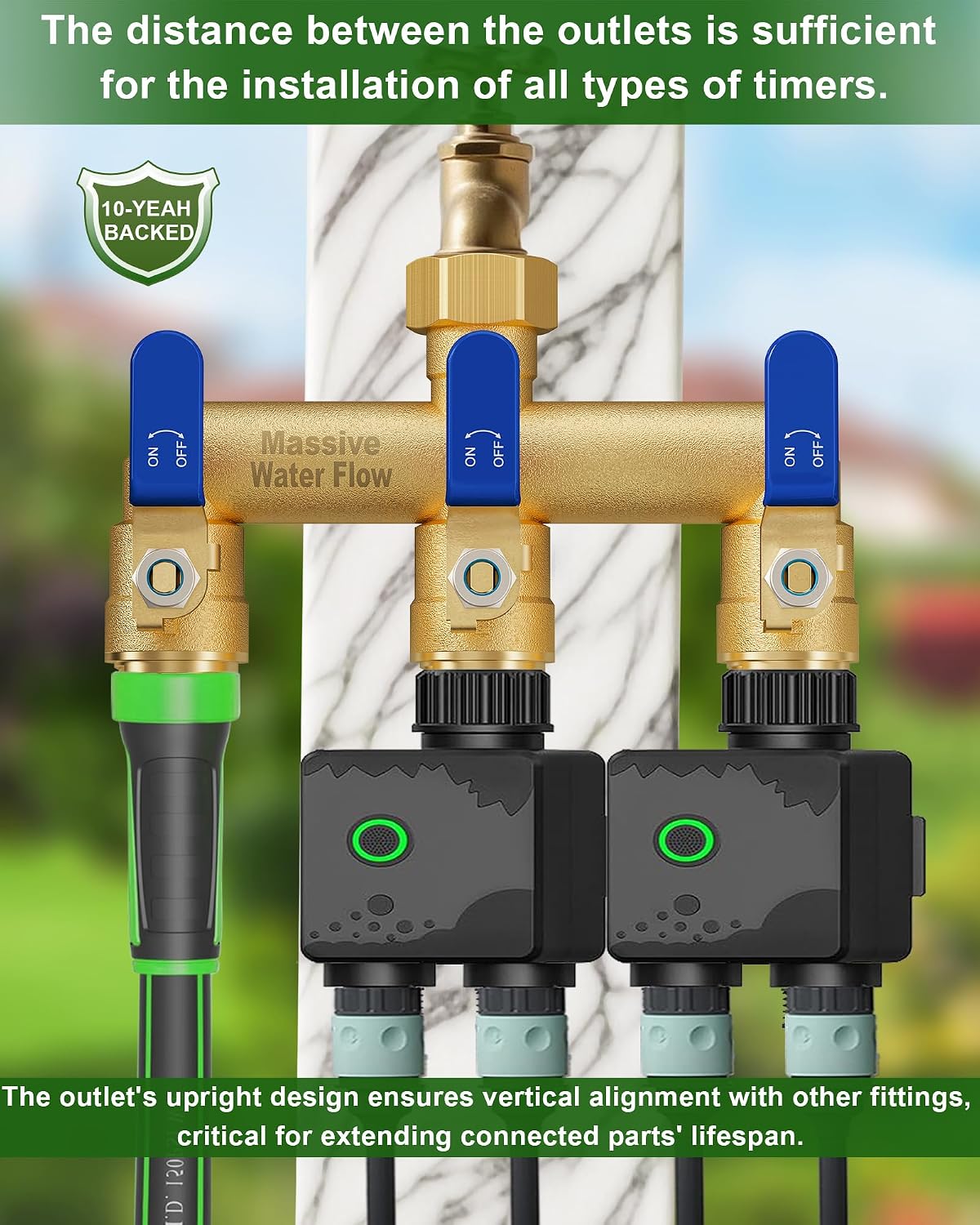 3 Way Hose Splitter, Heavy Duty Full Flow Garden Water Hose Bib Spigot Splitter, Brass Rust and Freeze Resistant Outdoor Faucet Splitter, T Adapter Connector with 3/4 - Inch GHT Thread （Green）