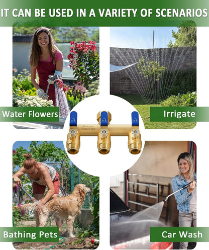 3 Way Hose Splitter, Heavy Duty Full Flow Garden Water Hose Bib Spigot Splitter, Brass Rust and Freeze Resistant Outdoor Faucet Splitter, T Adapter Connector with 3/4 - Inch GHT Thread （Green）