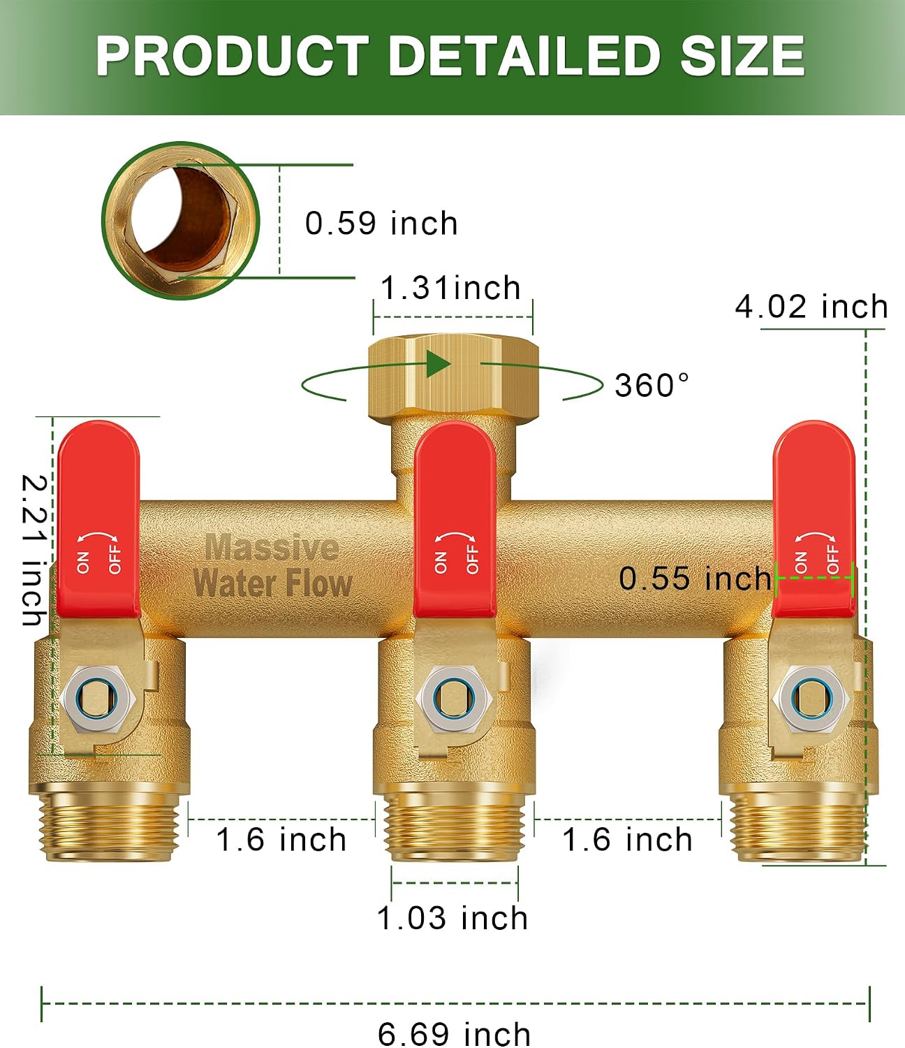 3 Way Hose Splitter, Heavy Duty Full Flow Garden Water Hose Bib Spigot Splitter, Brass Rust and Freeze Resistant Outdoor Faucet Splitter, T Adapter Connector with 3/4 - Inch GHT Thread （Green）