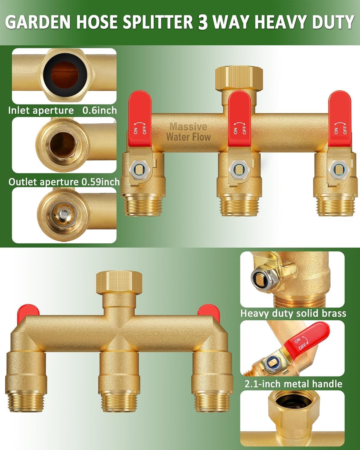 3 Way Hose Splitter, Heavy Duty Full Flow Garden Water Hose Bib Spigot Splitter, Brass Rust and Freeze Resistant Outdoor Faucet Splitter, T Adapter Connector with 3/4 - Inch GHT Thread （Green）