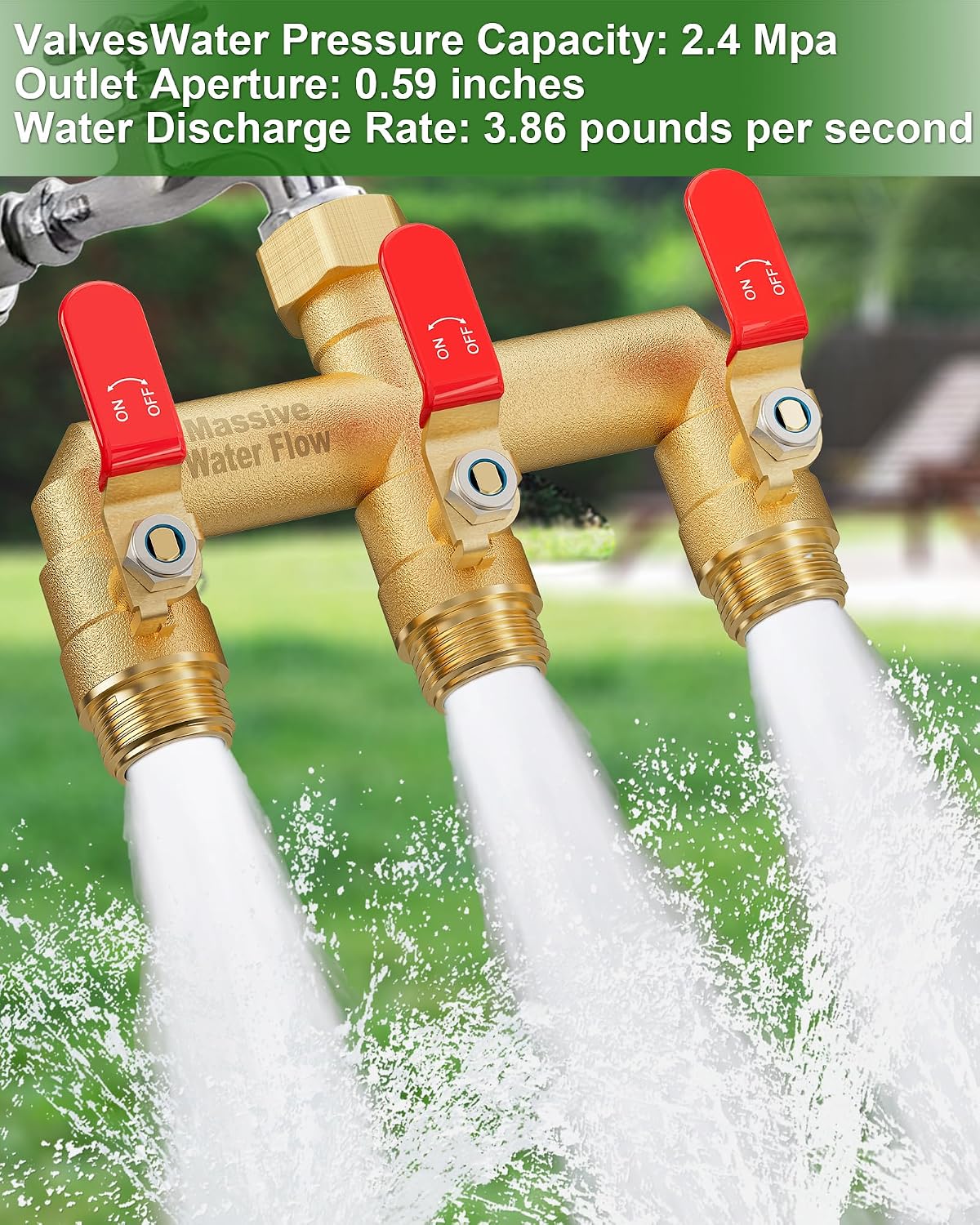 3 Way Hose Splitter, Heavy Duty Full Flow Garden Water Hose Bib Spigot Splitter, Brass Rust and Freeze Resistant Outdoor Faucet Splitter, T Adapter Connector with 3/4 - Inch GHT Thread （Green）