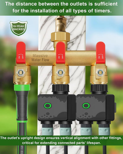 3 Way Hose Splitter, Heavy Duty Full Flow Garden Water Hose Bib Spigot Splitter, Brass Rust and Freeze Resistant Outdoor Faucet Splitter, T Adapter Connector with 3/4 - Inch GHT Thread （Green）