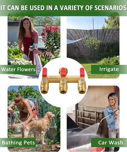 3 Way Hose Splitter, Heavy Duty Full Flow Garden Water Hose Bib Spigot Splitter, Brass Rust and Freeze Resistant Outdoor Faucet Splitter, T Adapter Connector with 3/4 - Inch GHT Thread （Green）