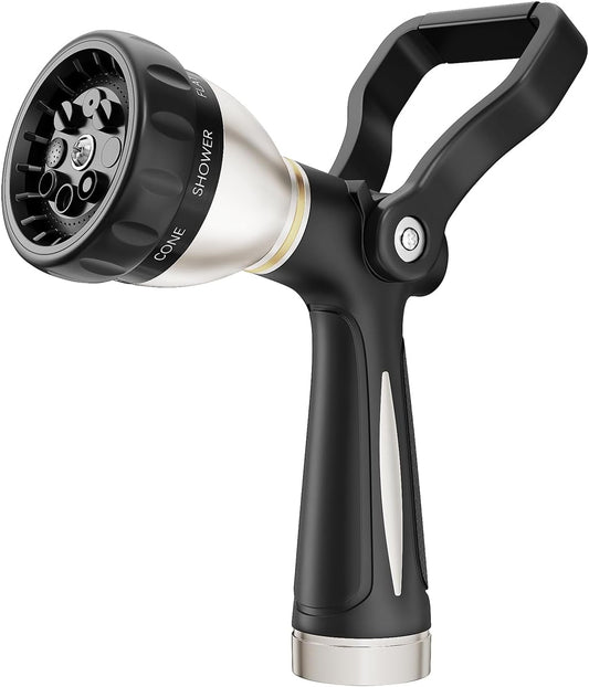 Fireman Style Water Hose Nozzle Heavy Duty Metal, 8 Spray Patterns