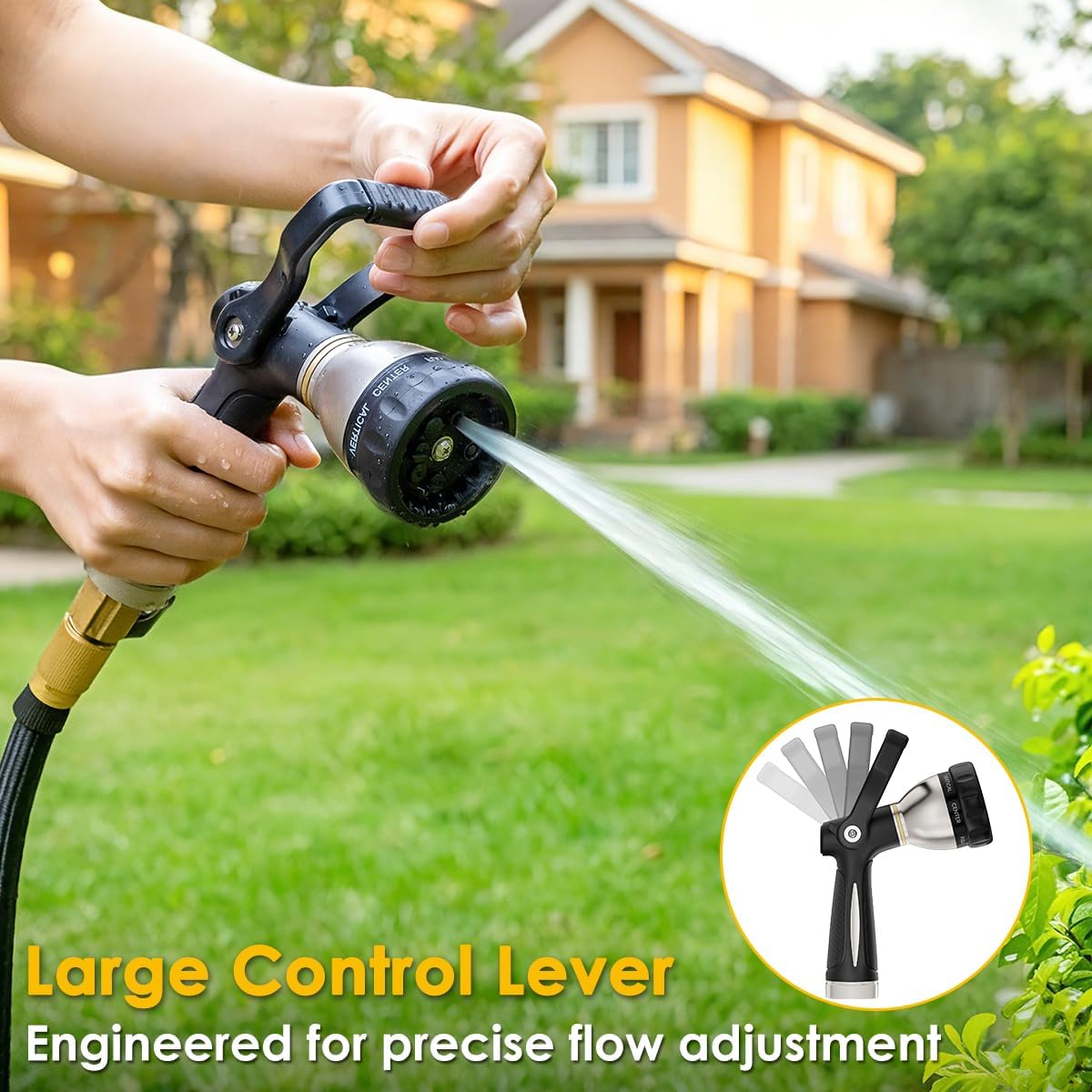 Fireman Style Water Hose Nozzle Heavy Duty Metal, 8 Spray Patterns