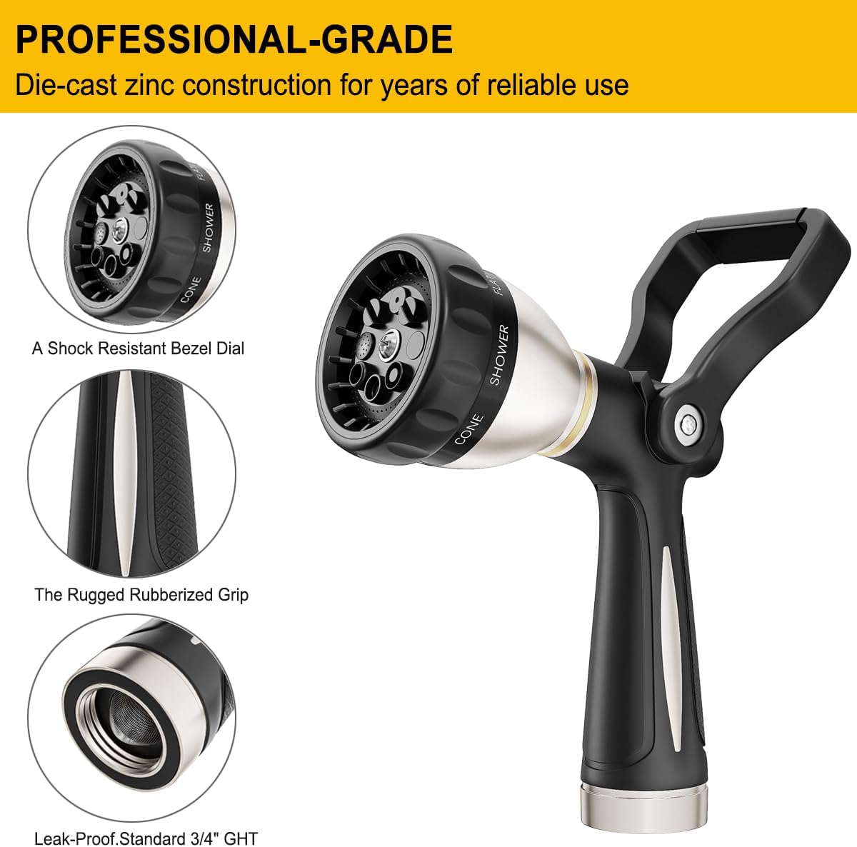 Fireman Style Water Hose Nozzle Heavy Duty Metal, 8 Spray Patterns